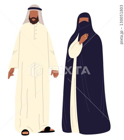 Arab woman in burqa and man in traditional Muslim dress. Arabian people clothing. Saudi and Qatar national outfit. Islamic couple. Standing Emirates male and female. Vector concept Arab woman in burqa and man in traditional Muslim dress. Arabian people clothing. Saudi and Qatar national outfit. Islamic couple. Standing Emirates male and female. Vector concept 130051803