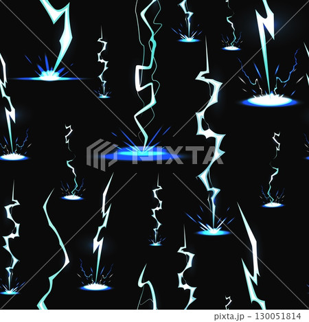 Electrical discharges on dark background. Lightning striking ground. Thunder with sparks hit effects. Thunderstorm print. Electricity impact. Thunderbolt flashes. Vector seamless pattern Electrical discharges on dark background. Lightning striking ground. Thunder with sparks hit effects. Thunderstorm print. Electricity impact. Thunderbolt flashes. Vector seamless pattern 130051814