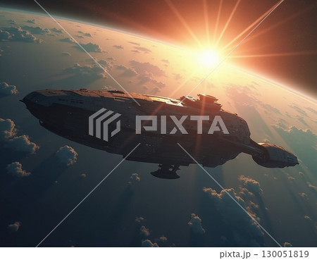 宇宙空間に浮遊する宇宙船 130051819
