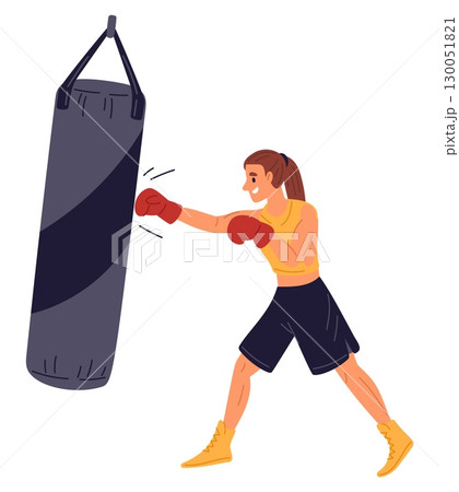 Female boxer practicing martial arts. Woman athlete hits on punching bag. Kickboxer knockout and uppercut training. Young sportsman doing fight exercise. Athletic workout. Vector concept 130051821