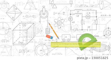 School background. Formulas and drawings. Scientific research. Physics and mathematics .Vector illustration. 130051825