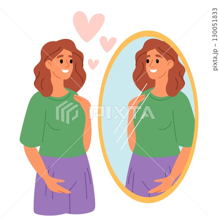 Girl admires her reflection in mirror. Self esteem and harmony with herself. Attractive woman looking at appearance. Confident person. Beauty acceptance. Narcissist lady. Vector concept 130051833
