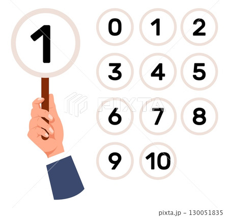 Hand holds plate with numbers. Plates with scores from 0 to 10 for voting. Numeral icons showing. Contest evaluation. Vote board. Rate scorecard. Auction mark. Grade cards vector set 130051835