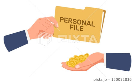 Hand of coins buys folder of personal information. Selling classified info or dossier on competitor. Cyber hacking. Confidential data phishing. Document folder. Money pay. Vector concept 130051836