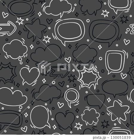 Heart shaped speech bubbles seamless pattern. Stars and arrows clouds. Communication or correspondence. Repeated print. Chat message. Dialog or discussion. Talk balloon. Vector background 130051839
