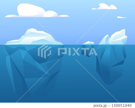 Large and small icebergs with big underwater portions floating in cold ocean waters. Arctic ice rocks. Drifting polar bergs. Frozen glaciers in aqua. Vector Antarctic seascape background 130051840