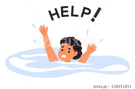 Little boy drowns in pool or sea. Sinking child asks for help. Drowning kid screams. Swimming accident. Danger situation at beach. Struggle with water waves. Swim hazard. Vector concept Little boy drowns in pool or sea. Sinking child asks for help. Drowning kid screams. Swimming accident. Danger situation at beach. Struggle with water waves. Swim hazard. Vector concept 130051851