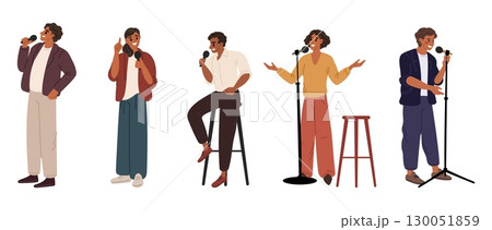 Male and female comedians perform with microphone on stand up show. Cast of characters. Humorous entertainment performance. Comedy monologue. Joke speaker standing. Vector artists set 130051859