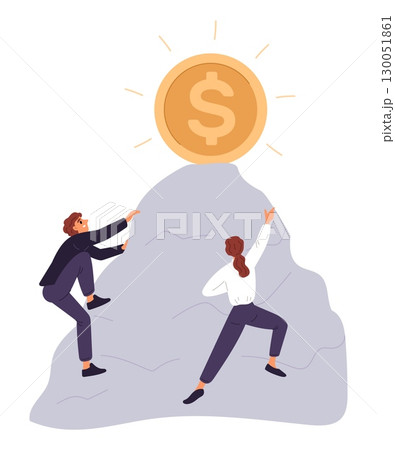 Man and woman trying hard to climb to top of mountain. People reach to gold big coin. Businessman overcoming obstacles. Career competition. Vector concept of achieving higher income 130051861