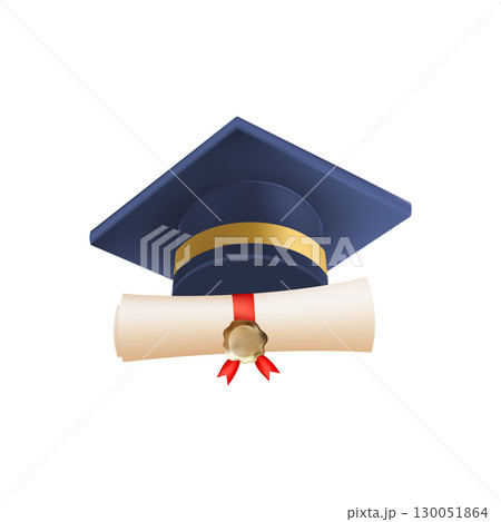 3d diploma scroll with graduate hat. Vintage roll paper 3d diploma scroll with graduate hat. Vintage roll paper 130051864