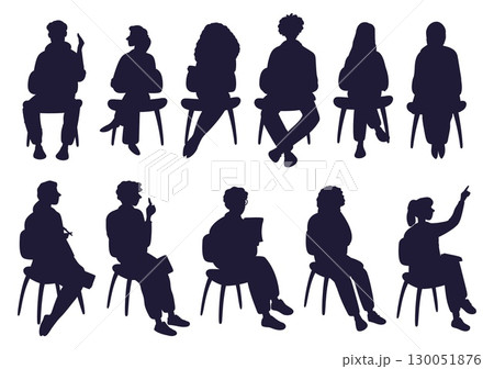 Men and women on chairs. Guys and girls sitting in different poses. People waiting on armchairs. Casual positions. Audience seats. Male and female bodies. Black silhouettes vector set Men and women on chairs. Guys and girls sitting in different poses. People waiting on armchairs. Casual positions. Audience seats. Male and female bodies. Black silhouettes vector set 130051876