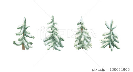 Christmas trees clipart set. Watercolor illustration of a winter green plants covered with snow. Hand drawn vintage sketch on white isolated background. Water color painting art image 130051906