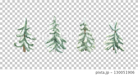 Christmas trees clipart set. Watercolor illustration of a winter green plants covered with snow. Hand drawn vintage sketch on white isolated background. Water color painting art image 130051906