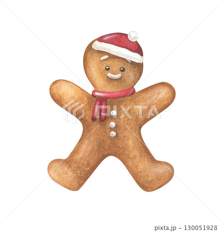Gingerbread man with Santa hat and scarf. Watercolor illustration of a Christmas Cookies. Hand drawn biscuit sketch on white isolated background. Water color painting art image 130051928