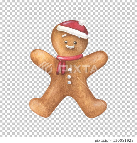 Gingerbread man with Santa hat and scarf. Watercolor illustration of a Christmas Cookies. Hand drawn biscuit sketch on white isolated background. Water color painting art image 130051928