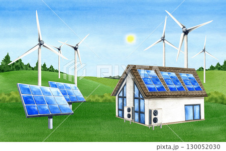Solar panels on house, Wind turbine on green field, Inverter heat pump. Watercolor landscape, blue sky, sun with Renewable generator energy. PV battery, windmill. Alternative electricity illustration 130052030