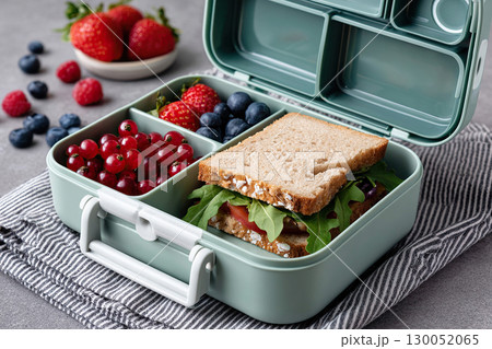 Healthy snack. A lunch box with a sandwich and berries is on the table. 130052065