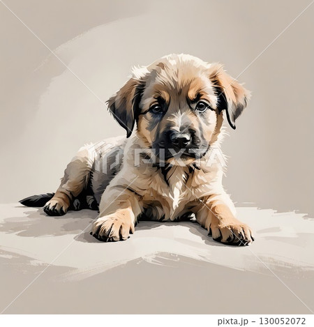 のびをしながら伏せるシェパード子犬 130052072