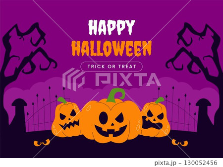 Halloween Night Festival Social Media Graphic Template in Flat Cartoon Style Background 130052456