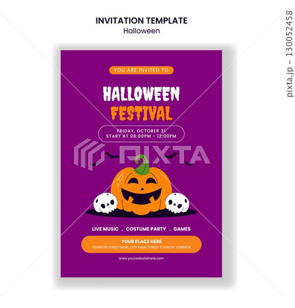 Happy Halloween Festival Invitation Template Flat Cartoon Hand-Drawn Illustration 130052458