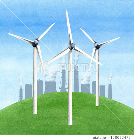 Wind turbines on green hill against grey industrial city factories, smoke stack. Windmills, field. Alternative renewable energetic source. Watercolor illustration environmental protection concept 130052473