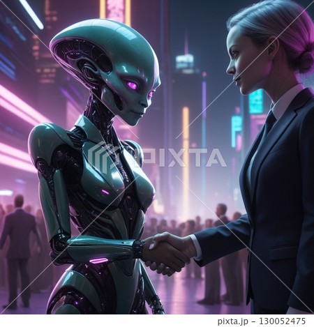 宇宙人と握手するスーツの女性 130052475