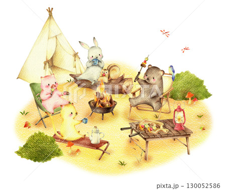 秋の野原のキャンプでバーベキューする動物たち　手描き色鉛筆画 130052586