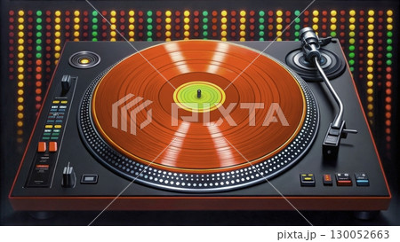 Vibrant red vinyl spinning on a turntable with colorful lights in the background at a lively music event 130052663