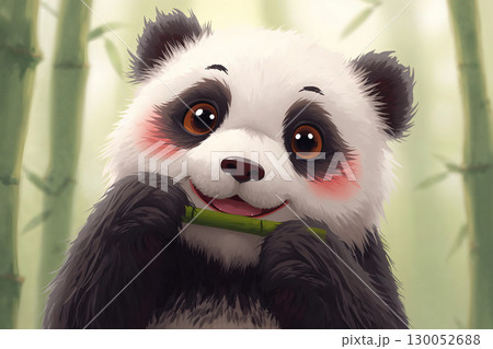 Kawaii panda munching on bamboo in a calm forest setting 130052688
