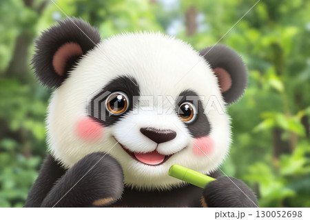 Cute kawaii panda eating bamboo in a peaceful forest 130052698