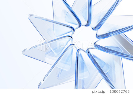 Light blue 3d background with circular effect of glass transparent triangle plate shapes. Abstract geometric flower with crystal triangular petals. Futuristic digital tech banner. 3D illustration 130052763