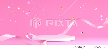 Pink ribbon podium with flowing silk fabric 130052767