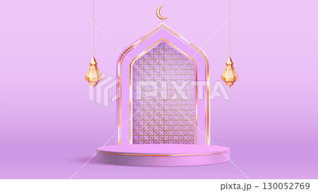 Ramadan podium with Islamic arch, golden moon 130052769