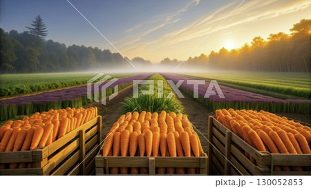 Vibrant carrot harvest at sunrise in a lush farming landscape with blooming lavender fields 130052853