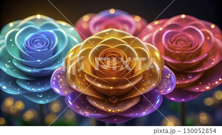 Colorful roses with water droplets illuminated in a garden at night showcasing vibrant hues and delicate beauty Colorful roses with water droplets illuminated in a garden at night showcasing vibrant hues and delicate beauty 130052854