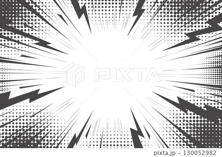Thunder bolt background with comic speed lines effect end halftone texture. Flash and lightnings electric explosion. Anime vector illustration with radial rays. Dynamic retro frame 130052982