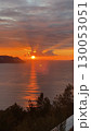 Sunset over calm ocean with vibrant sky reflecting on water, creating serene landscape background 130053051