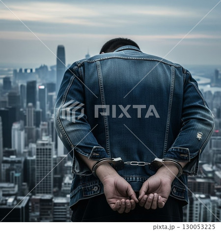 (AI生成)犯罪イメージ　手錠をかけられた男性の後ろ姿 130053225