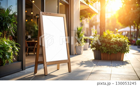 夕日が差し込む、カフェの店先に置かれたA型看板 夕日が差し込む、カフェの店先に置かれたA型看板 130053245