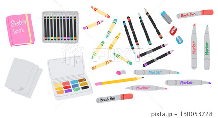 Big set of drawing tools including pencils, markers, sketchbook, crayons, paints and sharpeners, colorful hand drawn vector 130053728