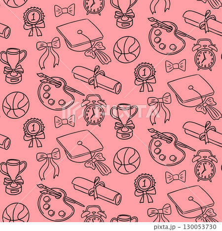 Seamless pattern with school-themed elements like diplomas, trophies, alarm clocks, bows, and art tools, hand drawn vector Seamless pattern with school-themed elements like diplomas, trophies, alarm clocks, bows, and art tools, hand drawn vector 130053730