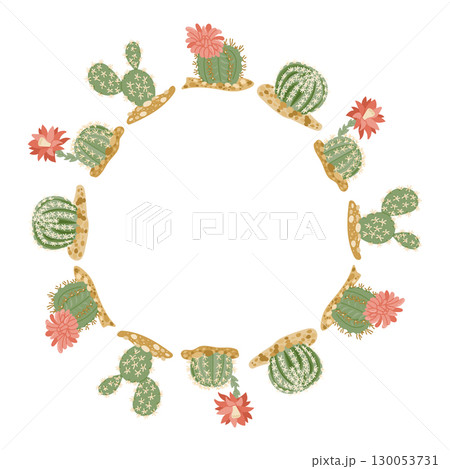 Wreath made of various blooming cactuses arranged in a circular frame, hand drawn floral vector Wreath made of various blooming cactuses arranged in a circular frame, hand drawn floral vector 130053731