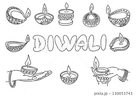 Diwali lamps and decorative diya elements with hands holding candles in traditional style, black and white outline vector 130053743