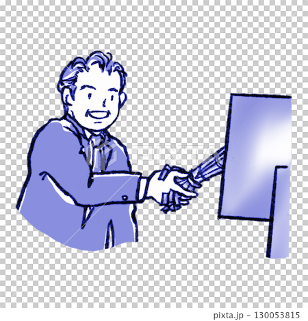 Middle-aged businessman smiling and shaking hands with AI [Pencil drawing blue] 130053815