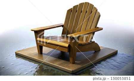 Wooden chair on a floating platform in calm water during sunset with rippling reflections and serene atmosphere 130053851