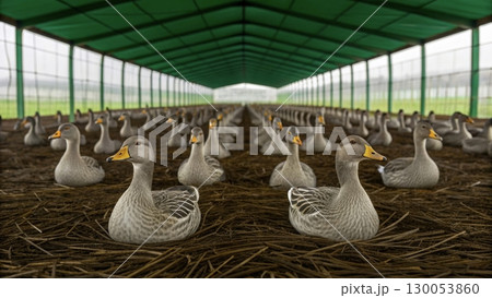 Ducks rest peacefully in a spacious indoor farm facility during a cloudy afternoon 130053860