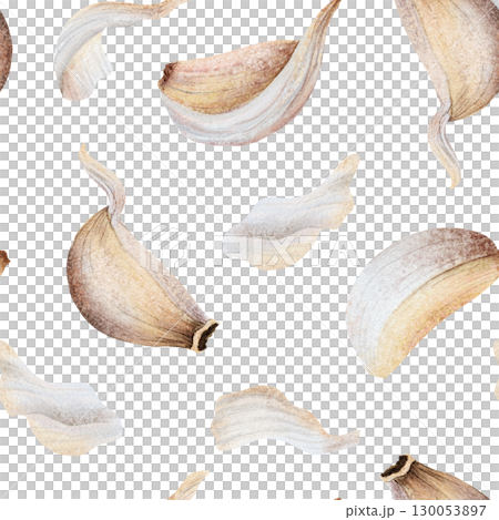 Pastel garlic cloves and husks watercolor seamless pattern on white. Hand drawn organic vegetable parts with skins and peels for kitchen, spicy food and culinary designs. Italian cuisine drawing Pastel garlic cloves and husks watercolor seamless pattern on white. Hand drawn organic vegetable parts with skins and peels for kitchen, spicy food and culinary designs. Italian cuisine drawing 130053897
