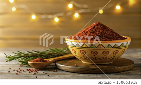 Red spice in decorative bowl with wooden spoon and herbs set against warm lights 130053918