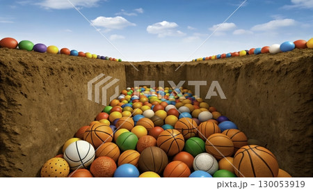 Colorful balls of various types fill a sandpit under a bright blue sky during the day at a recreational area Colorful balls of various types fill a sandpit under a bright blue sky during the day at a recreational area 130053919