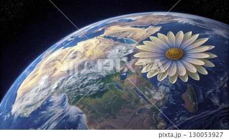 Bright flower hovering above Earth in a stunning cosmic landscape during twilight 130053927